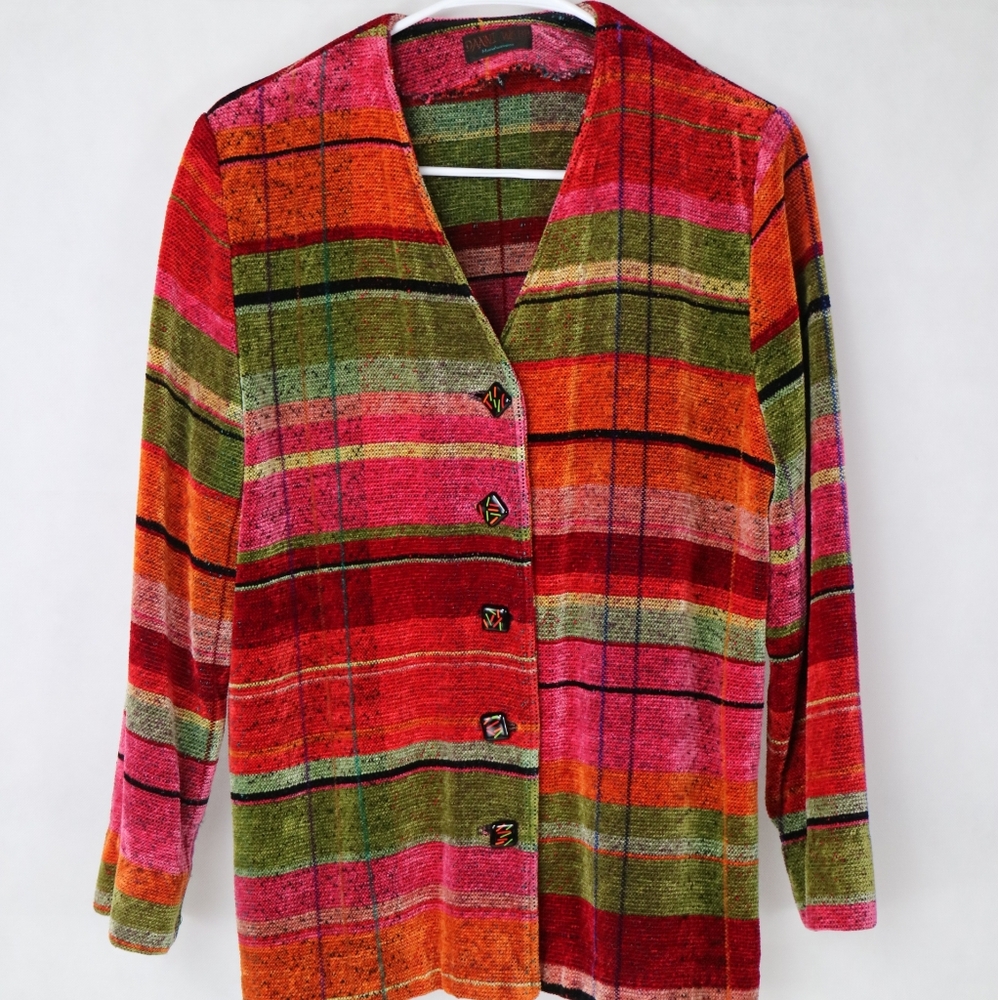 Vintage Danni Webb Handwoven Fiber Artist Sweater Coat Size Small Orange Green
